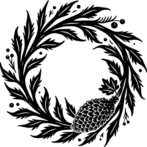 A rustic Christmas wreath with pine branches, berries, and a pine cone.