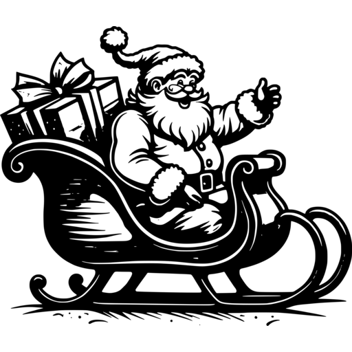 Vintage-style illustration of Santa Claus sitting in a sleigh with gifts.