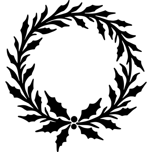 A simple black silhouette of a Christmas wreath with leaves and holly.