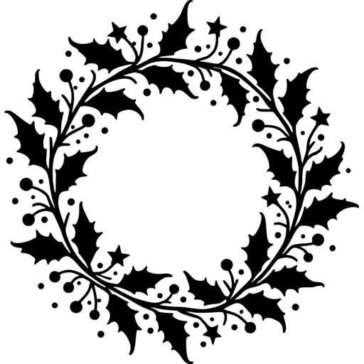 Black silhouette of a symbolic Christmas wreath with holly leaves and decorative elements.