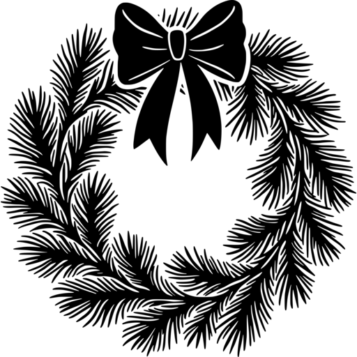 A textured Christmas wreath featuring pine branches and a decorative bow.