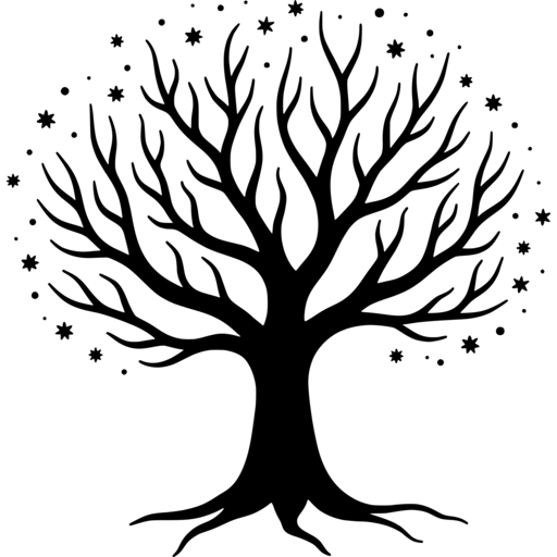 Black silhouette of a bare winter tree with swirling stars around it.