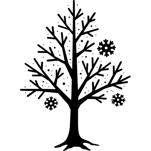 Silhouette of a tree with snowflakes surrounding it.