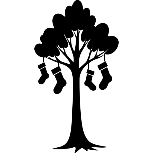 Silhouette of a tree with stockings hanging from its branches.