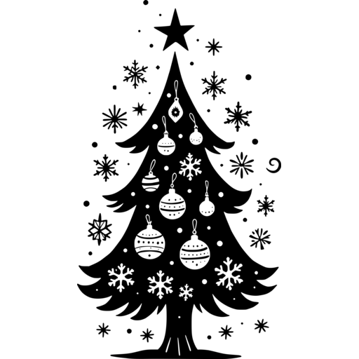 A whimsical black Christmas tree adorned with ornaments and snowflakes.