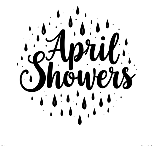 Stylized text of 'April Showers' with raindrop designs.