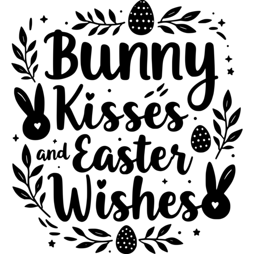 A decorative design featuring the phrase 'Bunny Kisses and Easter Wishes' surrounded by bunnies and leaves.