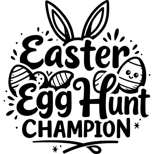 Playful design featuring text 'Easter Egg Hunt Champion' with Easter eggs and bunny ears.