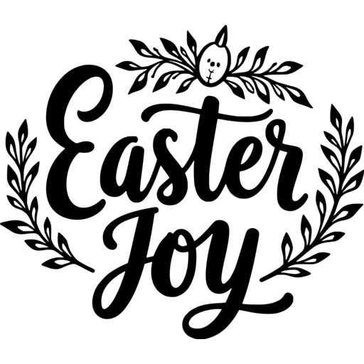 Easter Joy graphic design featuring stylized text and floral elements.