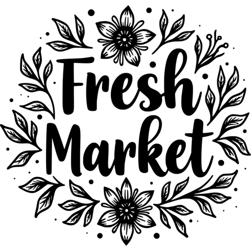 A floral design featuring the words 'Fresh Market' surrounded by decorative leaves and flowers.