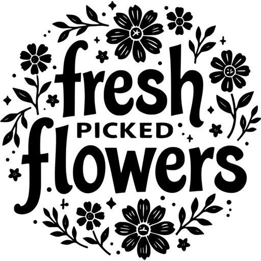 A circular design featuring the words 'Fresh Picked Flowers' surrounded by various floral elements.