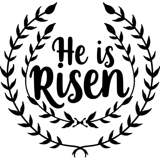 A decorative design featuring the phrase 'He is Risen' surrounded by a laurel wreath.