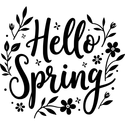 Stylized text 'Hello Spring' surrounded by flowers and leaves