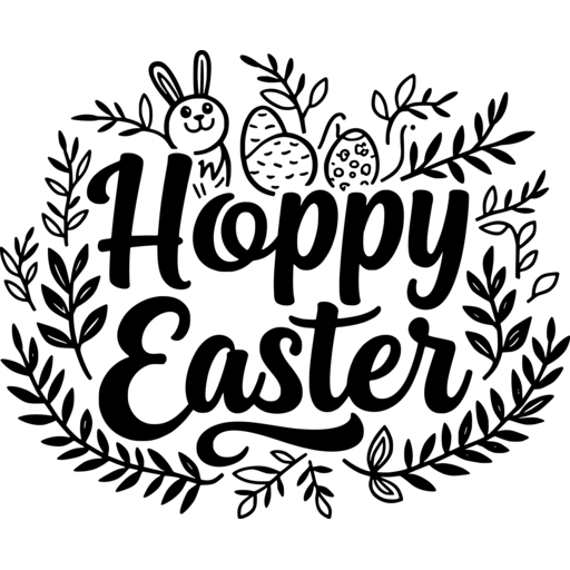 A decorative design featuring the words 'Hoppy Easter' surrounded by a bunny, eggs, and leafy accents.