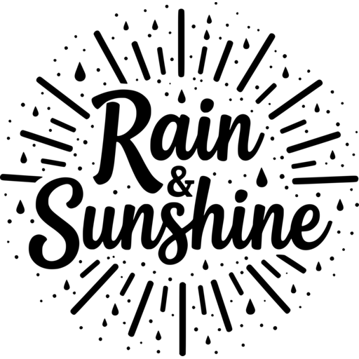 A design featuring the words 'Rain & Sunshine' surrounded by rays and raindrops.