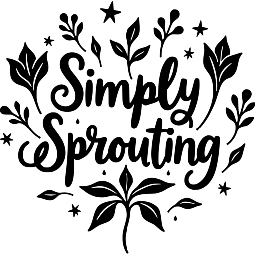 Black silhouette design with the phrase 'Simply Sprouting' surrounded by leaves and stars.