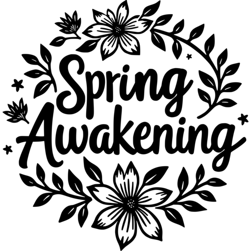 Stylized text 'Spring Awakening' surrounded by flowers and leaves