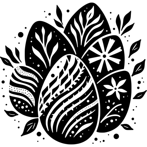 A cluster of abstract Easter eggs with various decorative patterns and leaves.