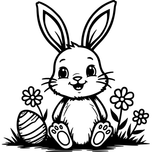 Cartoon easter bunny sitting among flowers and an egg.
