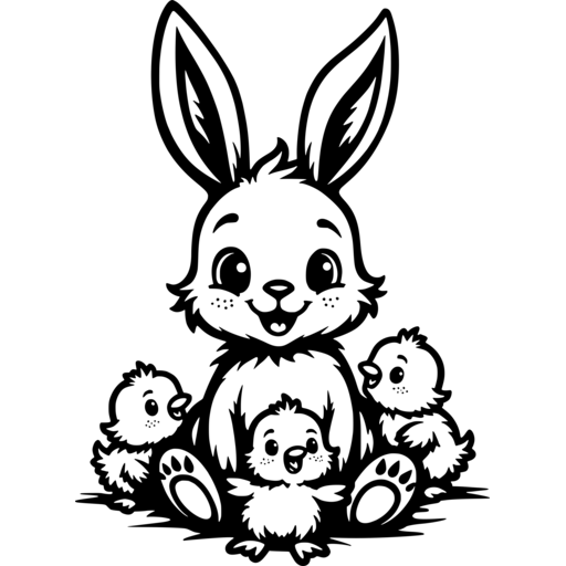 An adorable Easter bunny sitting with three cute chicks.