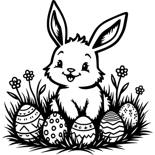 A cheerful bunny surrounded by decorative Easter eggs in a grassy setting.