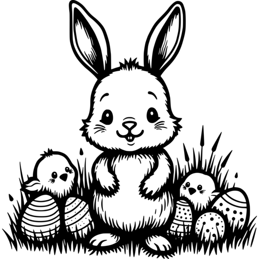 A cute Easter bunny standing with two chicks beside colorful decorated eggs in grass.