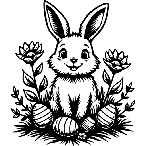An adorable Easter bunny sitting among flowers and decorated eggs, depicting spring elements.