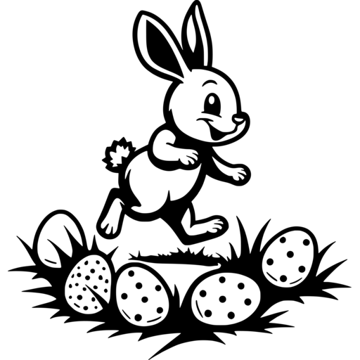 A cartoon bunny happily hopping amidst decorated Easter eggs.