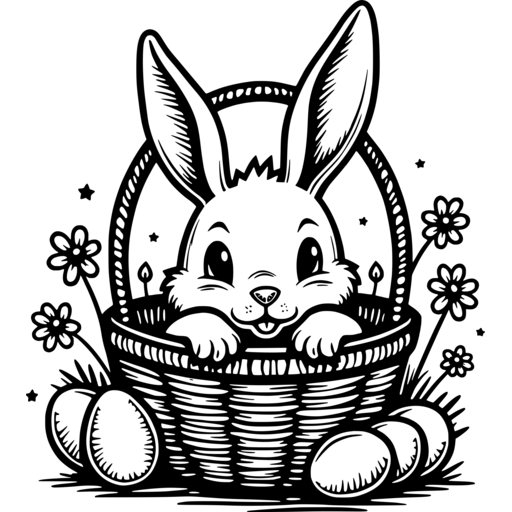 An adorable Easter bunny sitting in a basket surrounded by flowers and eggs.