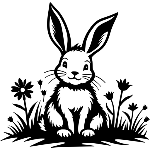 A cheerful easter bunny sitting in a field surrounded by flowers.