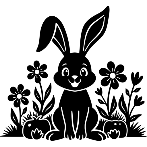 A playful Easter bunny sitting in a garden surrounded by flowers.