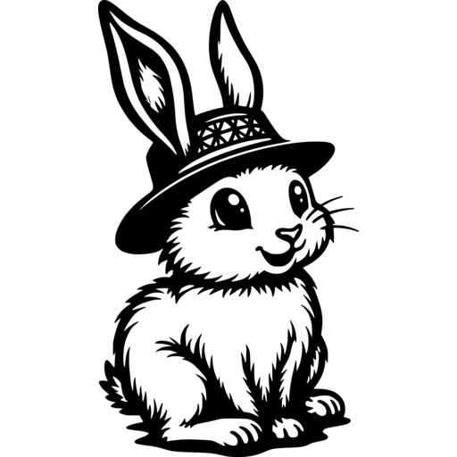 Cute Easter bunny wearing a hat, sitting down.