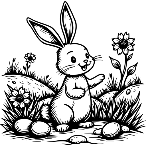 An Easter bunny happily standing in a grassy landscape surrounded by flowers and eggs.