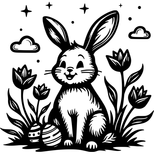 A cheerful Easter bunny surrounded by flowers and eggs in a springtime setting.