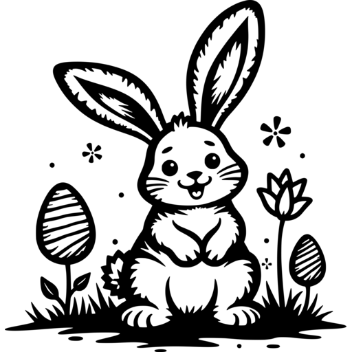 A whimsical illustration of a cute Easter bunny sitting among flowers and Easter eggs.