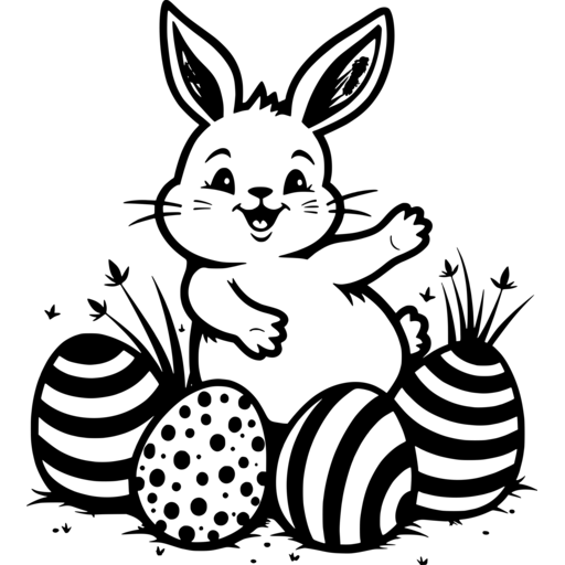 Cute easter bunny happily waving surrounded by decorated eggs.