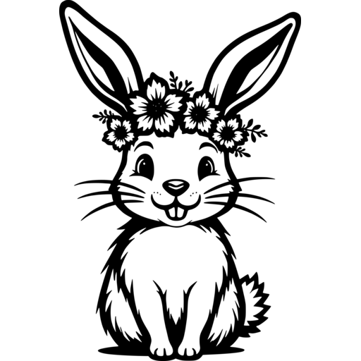 Cute Easter bunny wearing a flower crown, smiling happily.