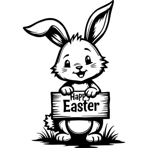 A cute Easter bunny holding a sign that says 'Happy Easter' while standing on grass.