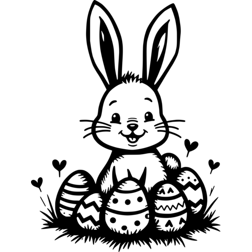 A cheerful Easter bunny surrounded by decorated eggs in a grassy setting.