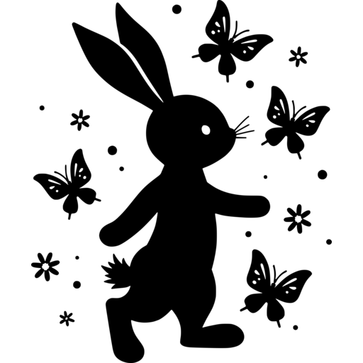 Silhouette of an Easter bunny surrounded by butterflies and flowers.