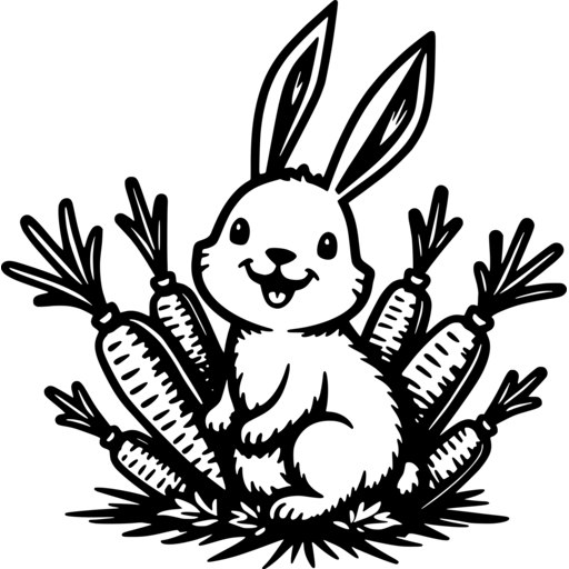 A cheerful Easter bunny sitting among carrots.