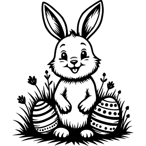 A cheerful Easter bunny standing in grass next to colorful decorated eggs.