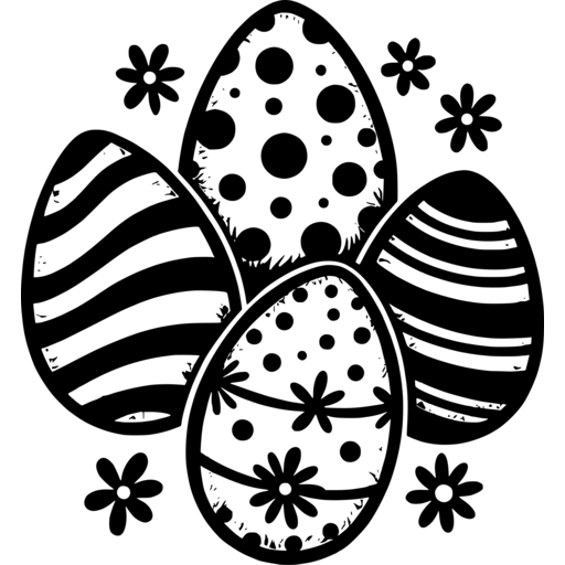 A collection of decorated Easter eggs surrounded by small flowers, symbolizing spring.