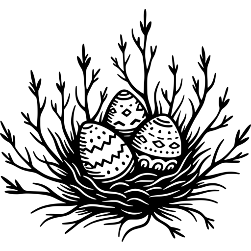 A nest containing decorated Easter eggs surrounded by twigs.