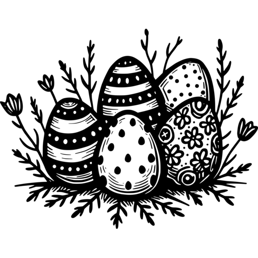A doodle of decorated Easter eggs surrounded by twigs and flowers.
