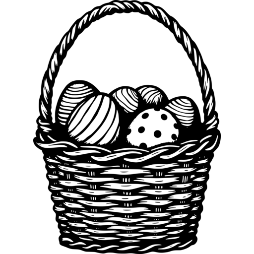 A woven basket filled with various decorated Easter eggs.