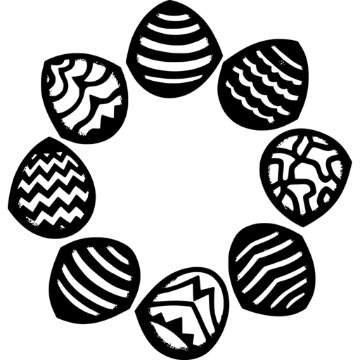 A circular arrangement of decorated Easter eggs in black and white.