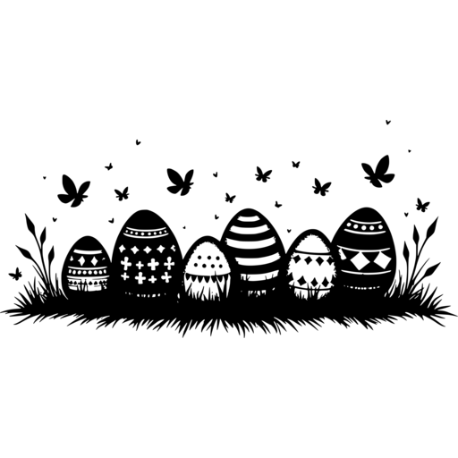 A row of decorated Easter eggs in a grassy field with butterflies.