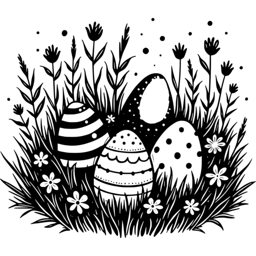Illustration of Easter eggs surrounded by flowers and grass in a meadow.