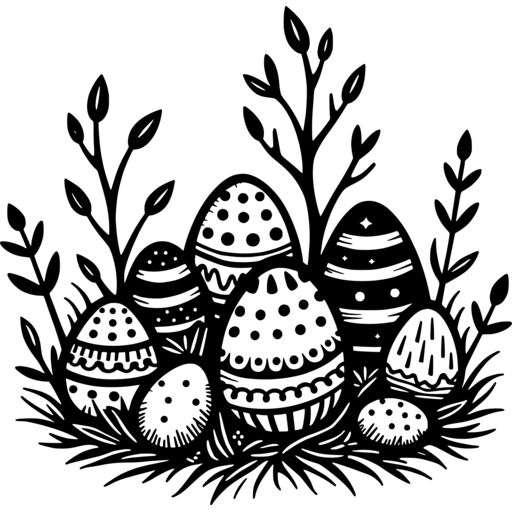 Illustration of decorated Easter eggs surrounded by grass and plants in a woodland setting.